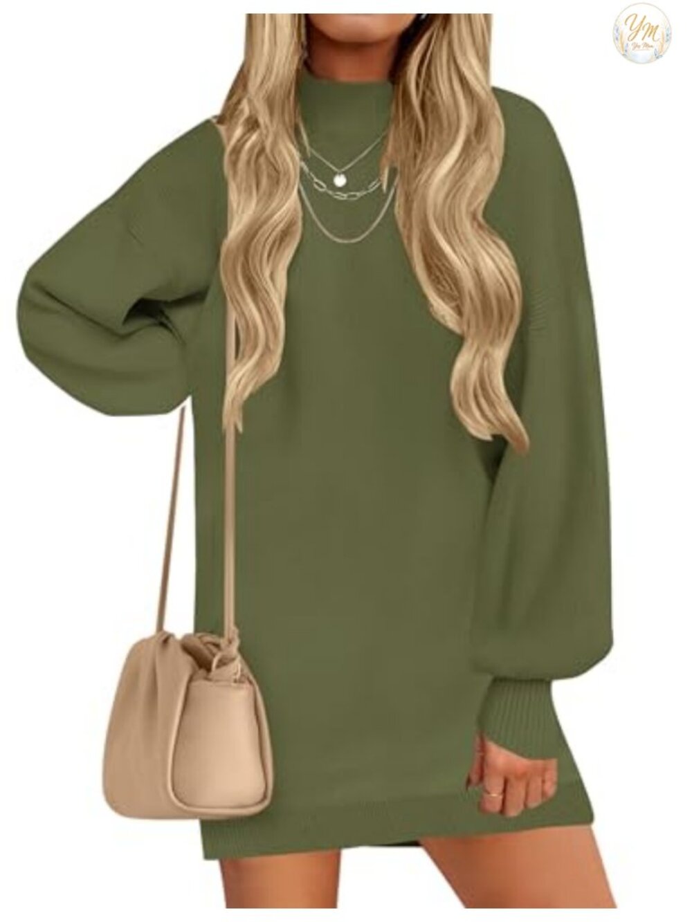 Womens Mock Neck Ribbed Knit Sweater Dress Lantern Sleeve Mini Fall Winter